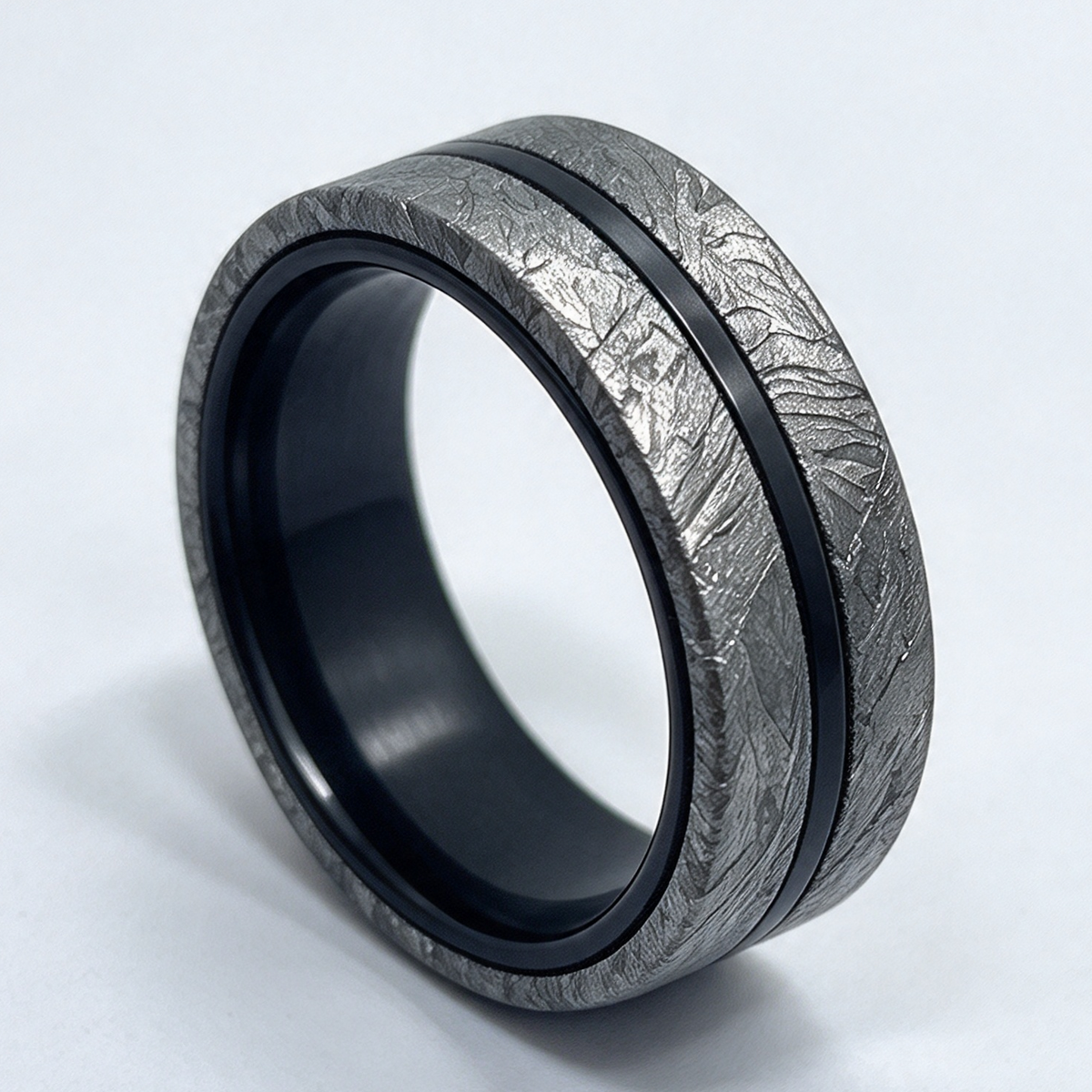 Muonionalusta Meteorite & Carbon Fiber Mens Ring, Mens Wedding Band