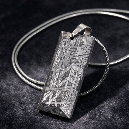 Muonionalusta meteorite pendant with naturally etched iron sample pattern