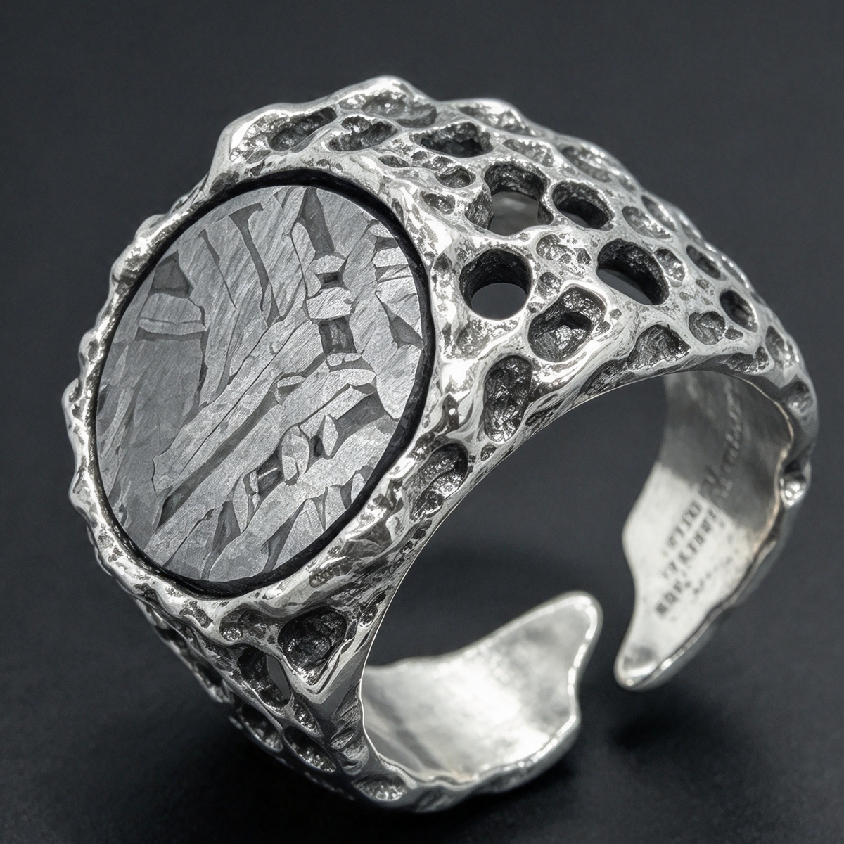 Handmade Irregular Texture Open Ring, Natural Etched Muonionalusta Meteorite Inlay Daily Wear Ring