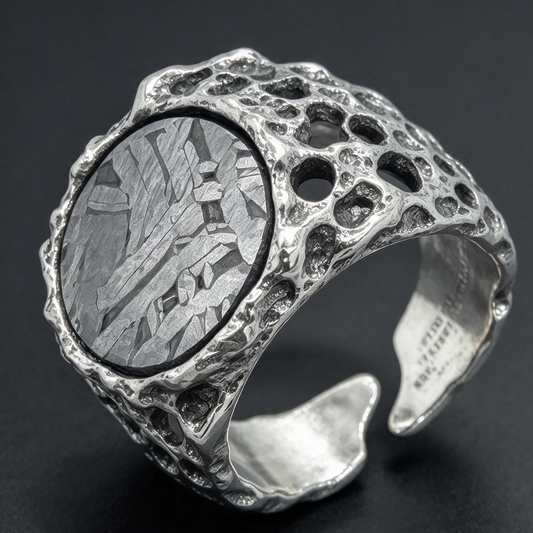 Handmade Irregular Texture Open Ring, Natural Etched Muonionalusta Meteorite Inlay Daily Wear Ring