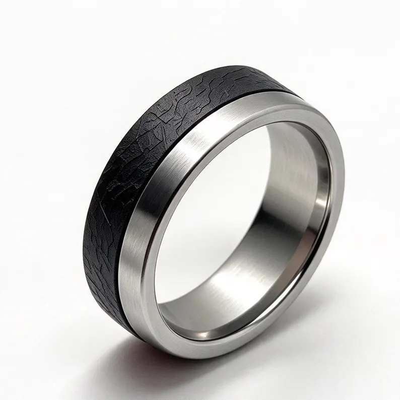 Handcrafted Muonionalusta Meteorite Wood Mens Ring, Cosmic Texture Wedding Band
