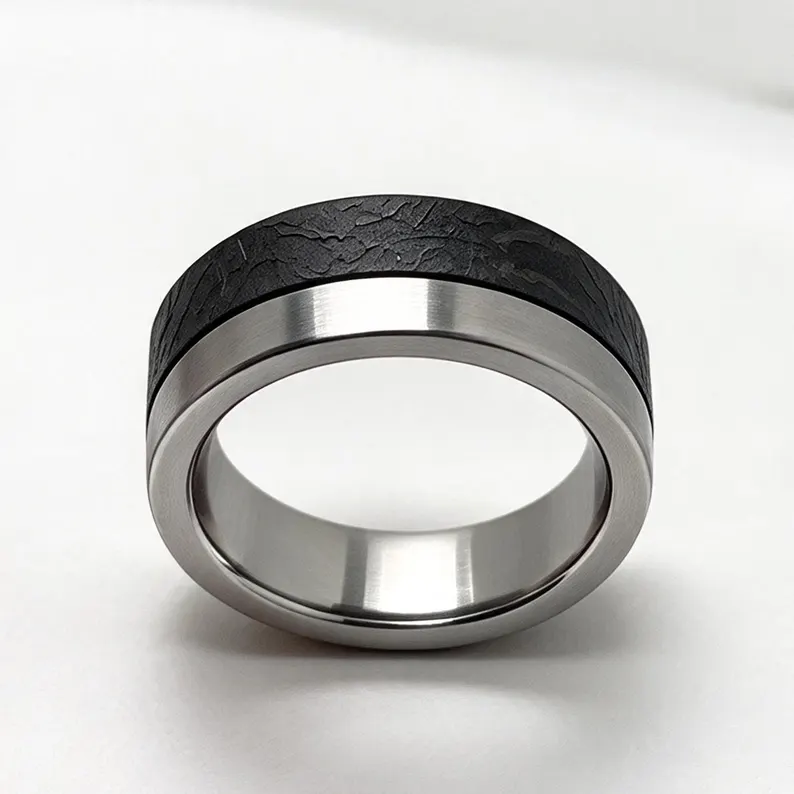 Handcrafted Muonionalusta Meteorite Wood Mens Ring, Cosmic Texture Wedding Band