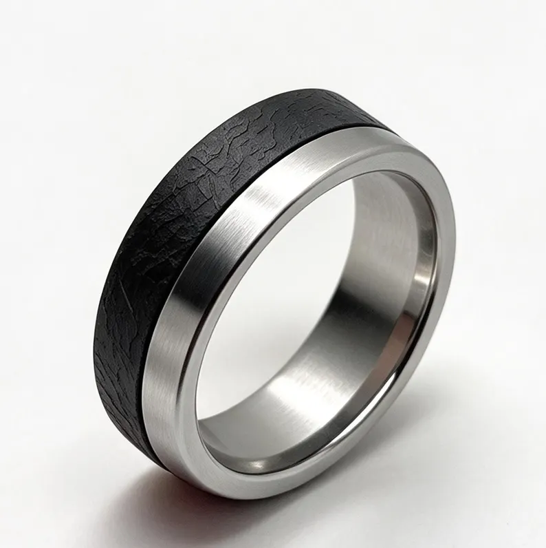 Handcrafted Muonionalusta Meteorite Wood Mens Ring, Cosmic Texture Wedding Band