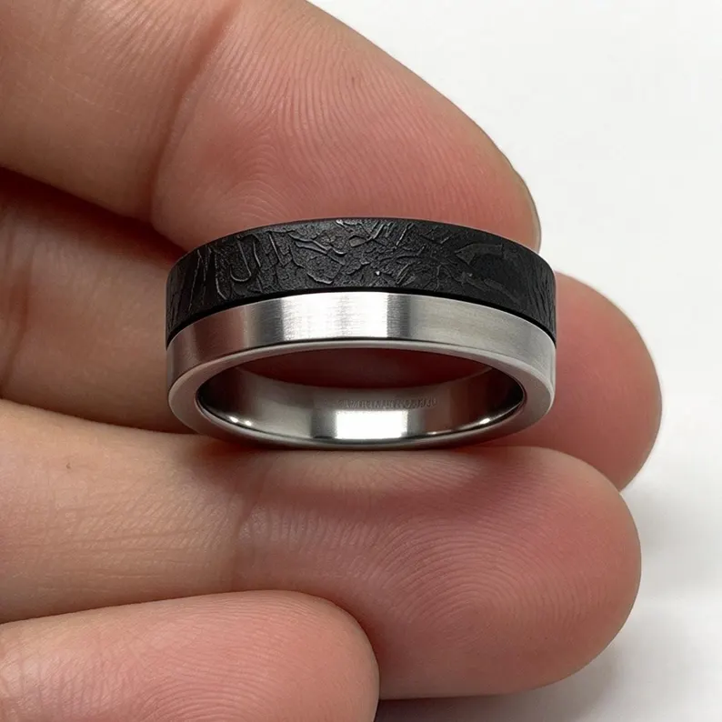 Handcrafted Muonionalusta Meteorite Wood Mens Ring, Cosmic Texture Wedding Band