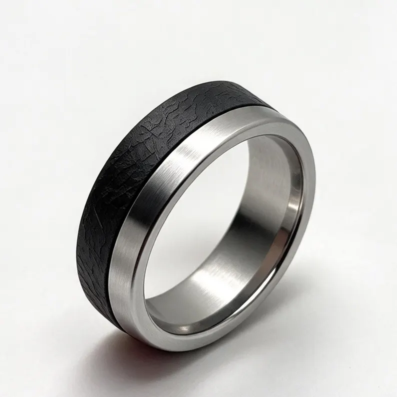 Handcrafted Muonionalusta Meteorite Wood Mens Ring, Cosmic Texture Wedding Band