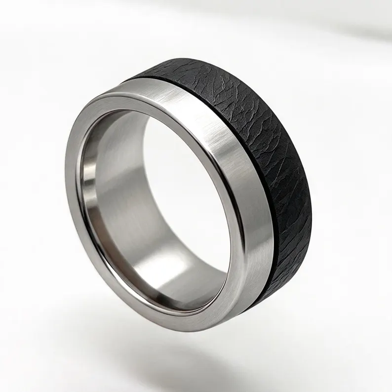 Handcrafted Muonionalusta Meteorite Wood Mens Ring, Cosmic Texture Wedding Band
