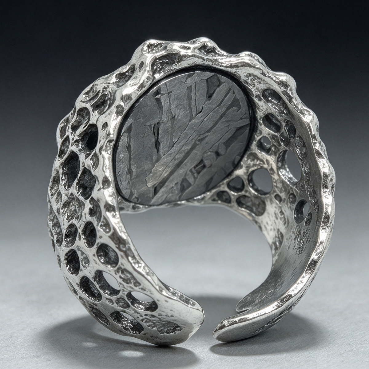 Handmade Irregular Texture Open Ring, Natural Etched Muonionalusta Meteorite Inlay Daily Wear Ring
