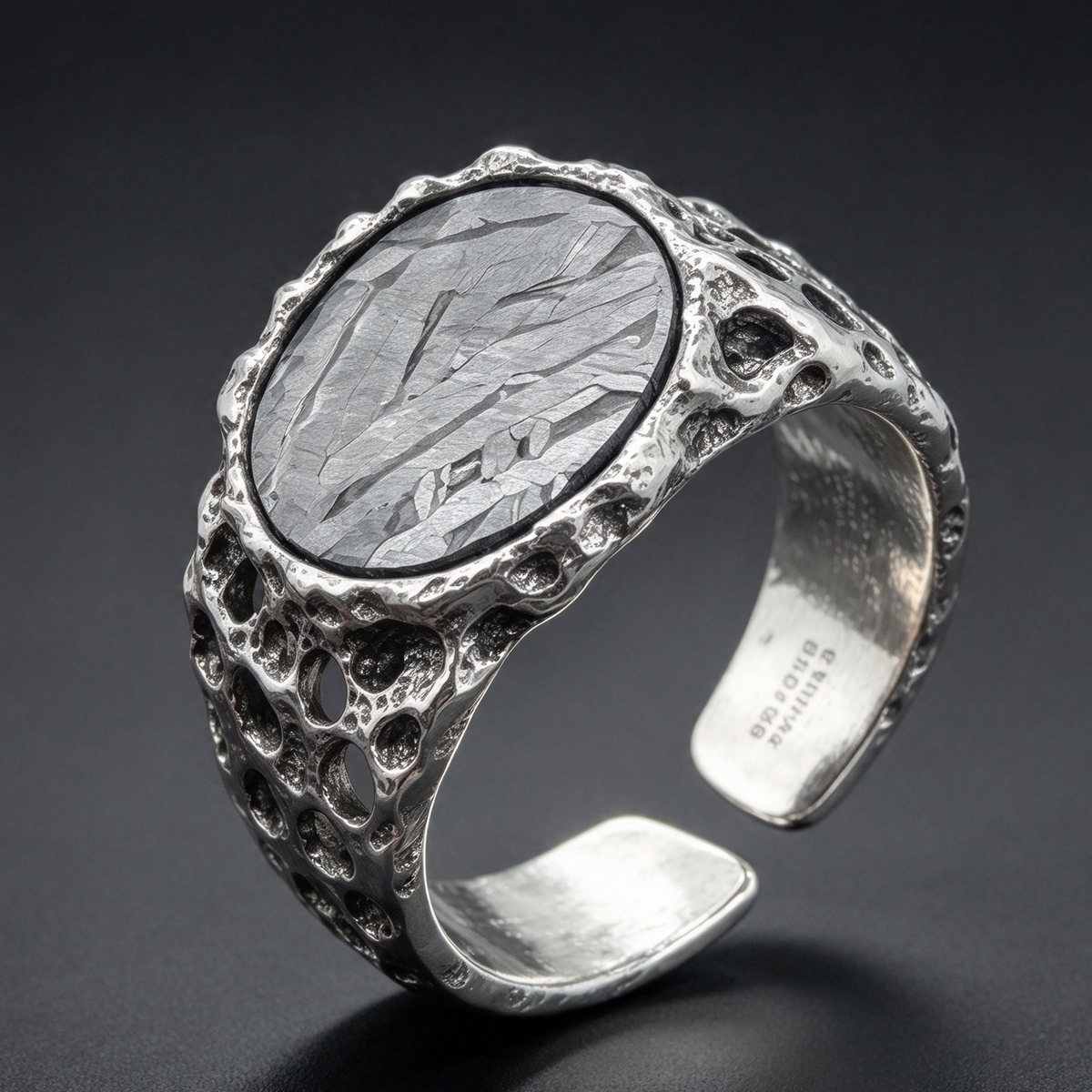 Handmade Irregular Texture Open Ring, Natural Etched Muonionalusta Meteorite Inlay Daily Wear Ring