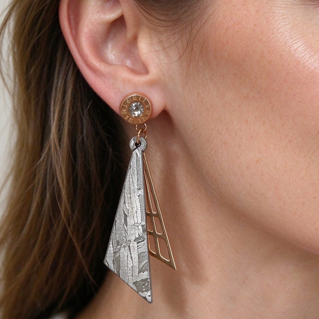 Muonionalusta Meteorite Drop Earrings, Rose Gold Crystal Studs, Celestial Dangle