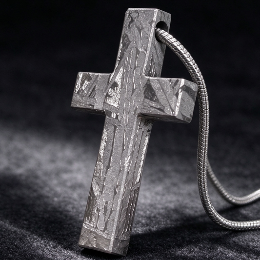 Muonionalusta Meteorite Cross Necklace, Widmanstätten Texture, Stainless Steel Chain