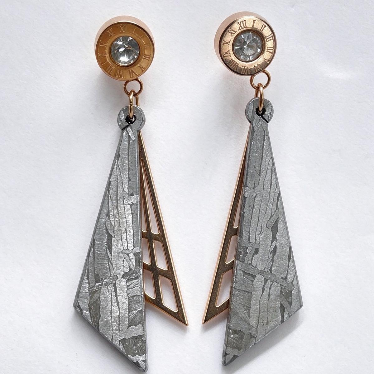 Muonionalusta Meteorite Drop Earrings, Rose Gold Crystal Studs, Celestial Dangle