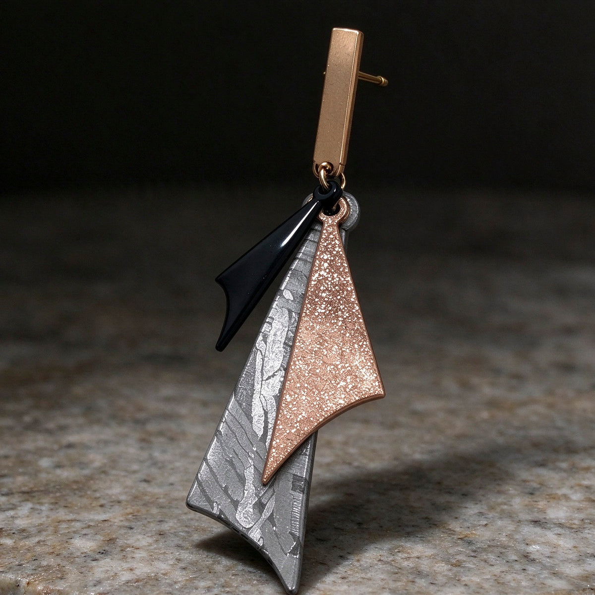 Muonionalusta Meteorite Earrings, Rose Gold Foil, Black Geometric, Space Jewelry