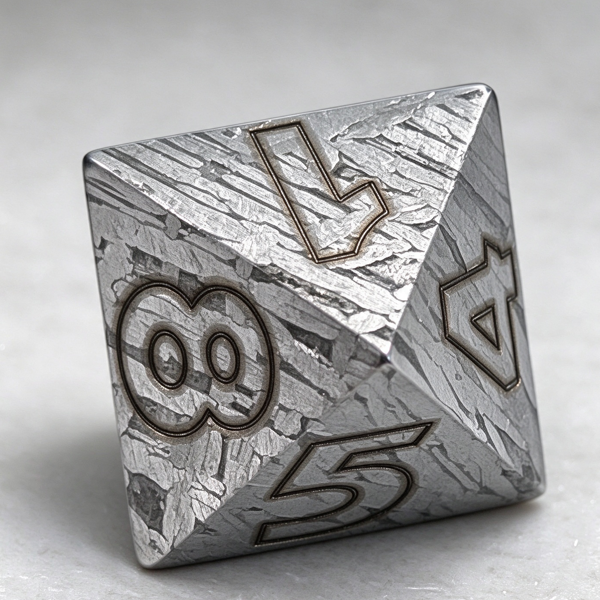 Muonionalusta Iron Meteorite D8 Dice, Etched Widmanstätten Pattern, Antiqued Brass Numbers