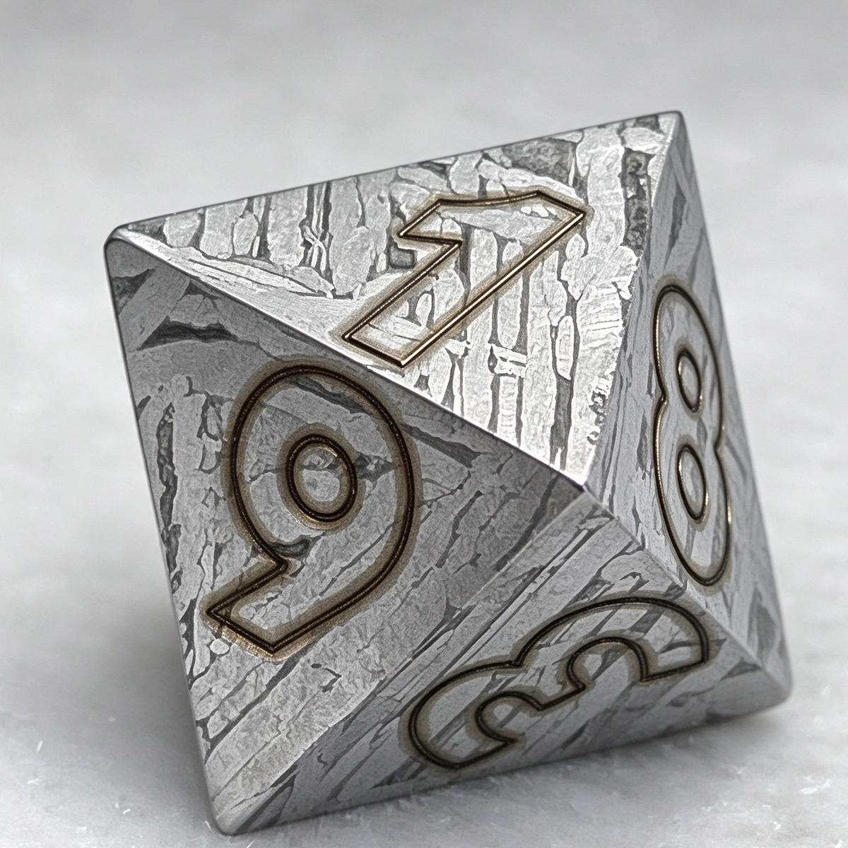 Muonionalusta Iron Meteorite D8 Dice, Etched Widmanstätten Pattern, Antiqued Brass Numbers