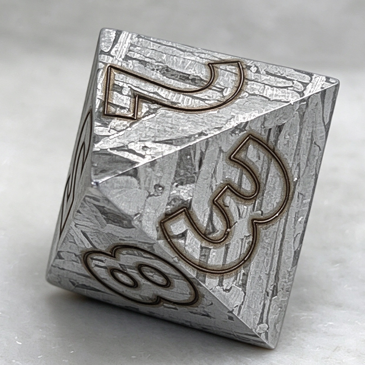 Muonionalusta Iron Meteorite D8 Dice, Etched Widmanstätten Pattern, Antiqued Brass Numbers