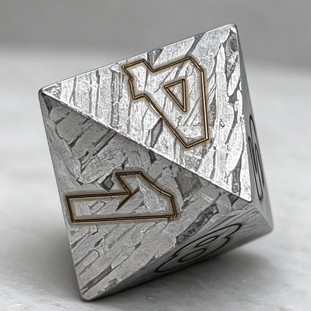 Muonionalusta Iron Meteorite D8 Dice, Etched Widmanstätten Pattern, Antiqued Brass Numbers