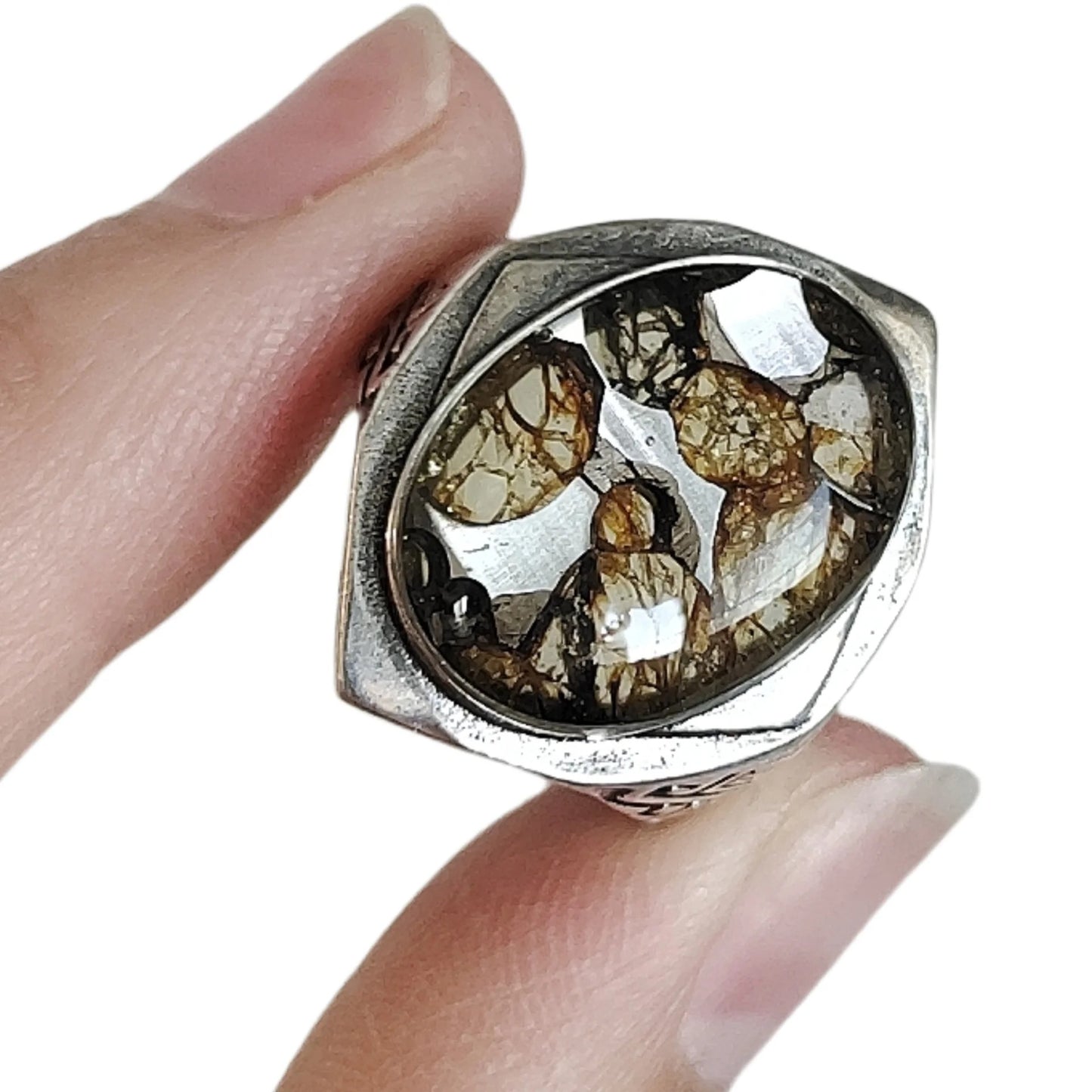 7g Seymchan Pallasite Olive Meteorite S925 Silver Ring, Natural Handmade Specimen LB083