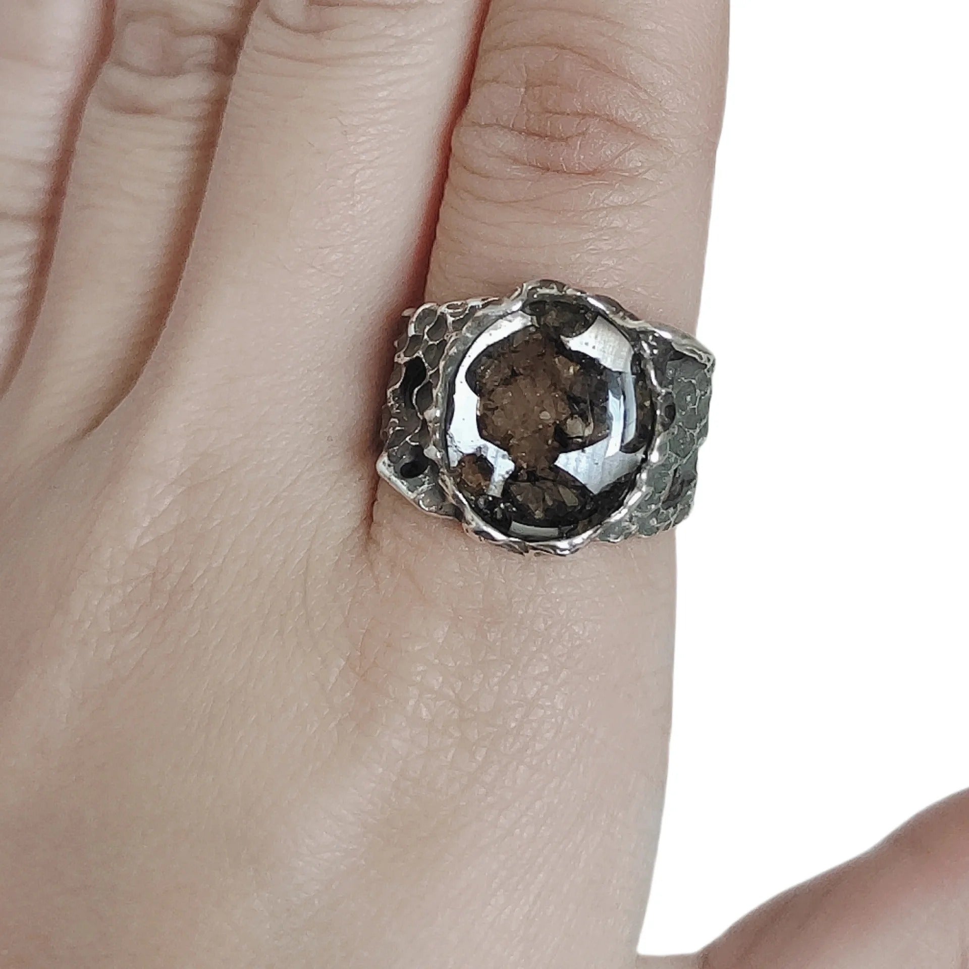 8.5g Seymchan Pallasite Olive Meteorite S925 Silver Ring, Natural Handmade Specimen LB088