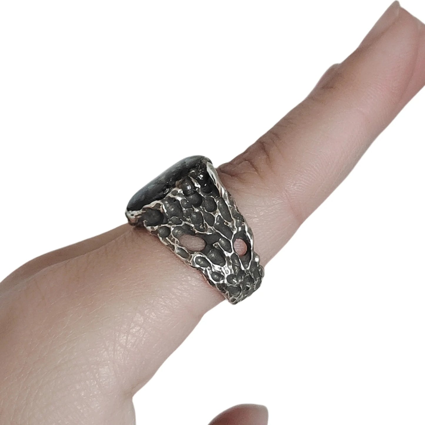 8.5g Seymchan Pallasite Olive Meteorite S925 Silver Ring, Natural Handmade Specimen LB088