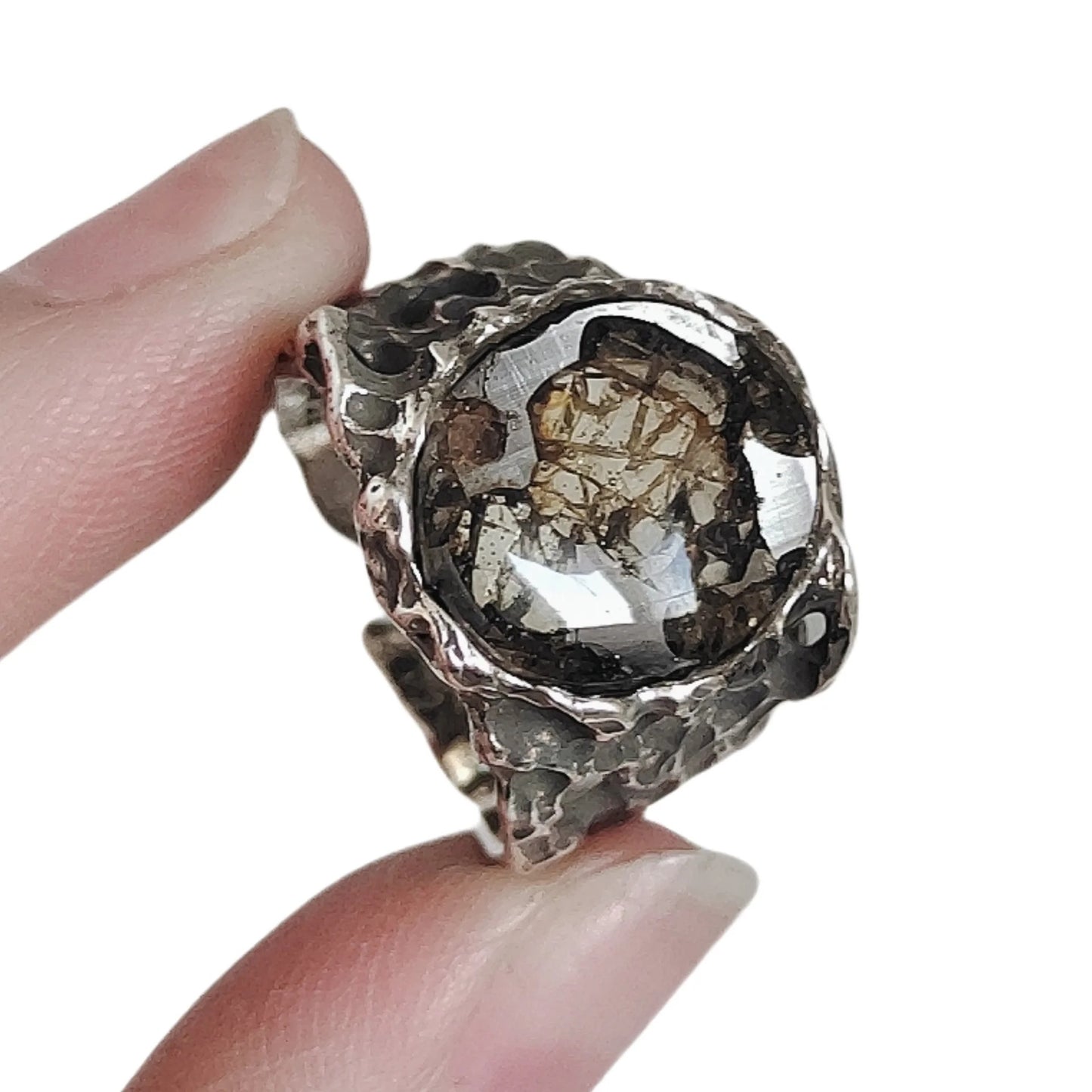 8.5g Seymchan Pallasite Olive Meteorite S925 Silver Ring, Natural Handmade Specimen LB088