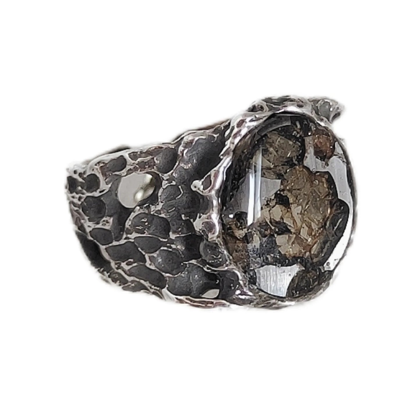 8.5g Seymchan Pallasite Olive Meteorite S925 Silver Ring, Natural Handmade Specimen LB088