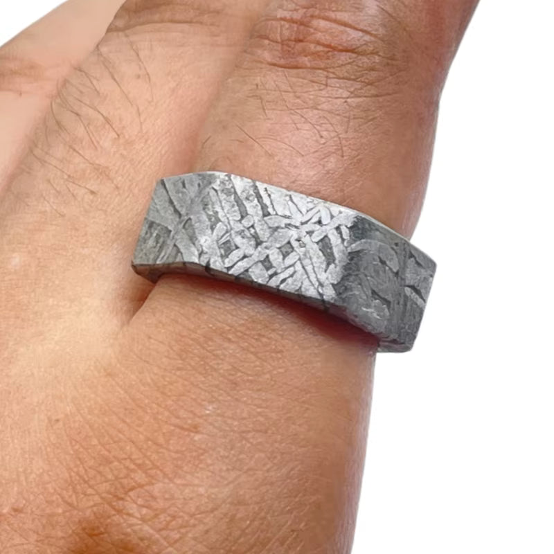Genuine Muonionalusta Meteorite Geometric Ring Natural Widmanstätten Pattern Premium Cosmic Collectible K54