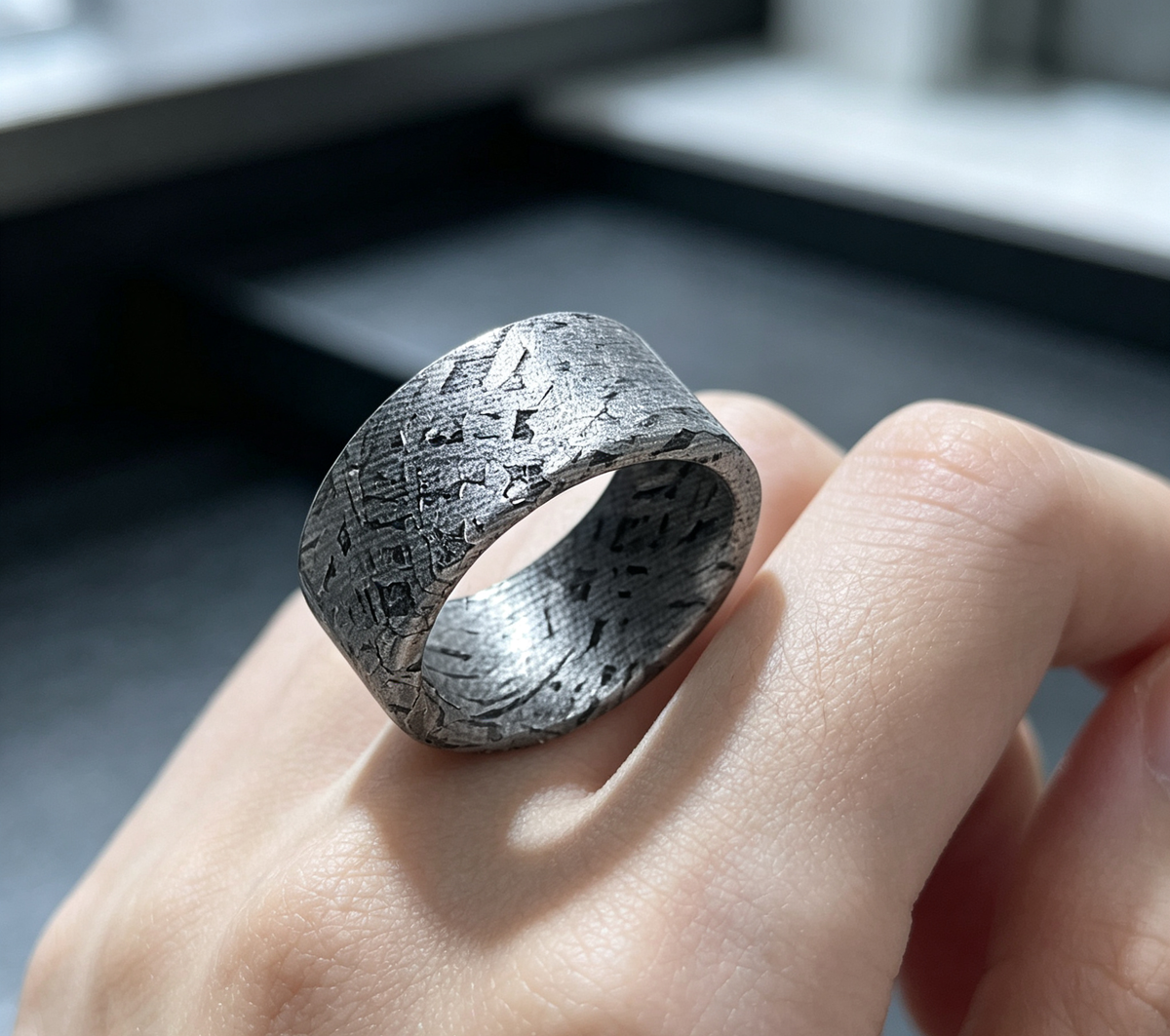 Iron meteorite ring, 10mm wide, custom-made